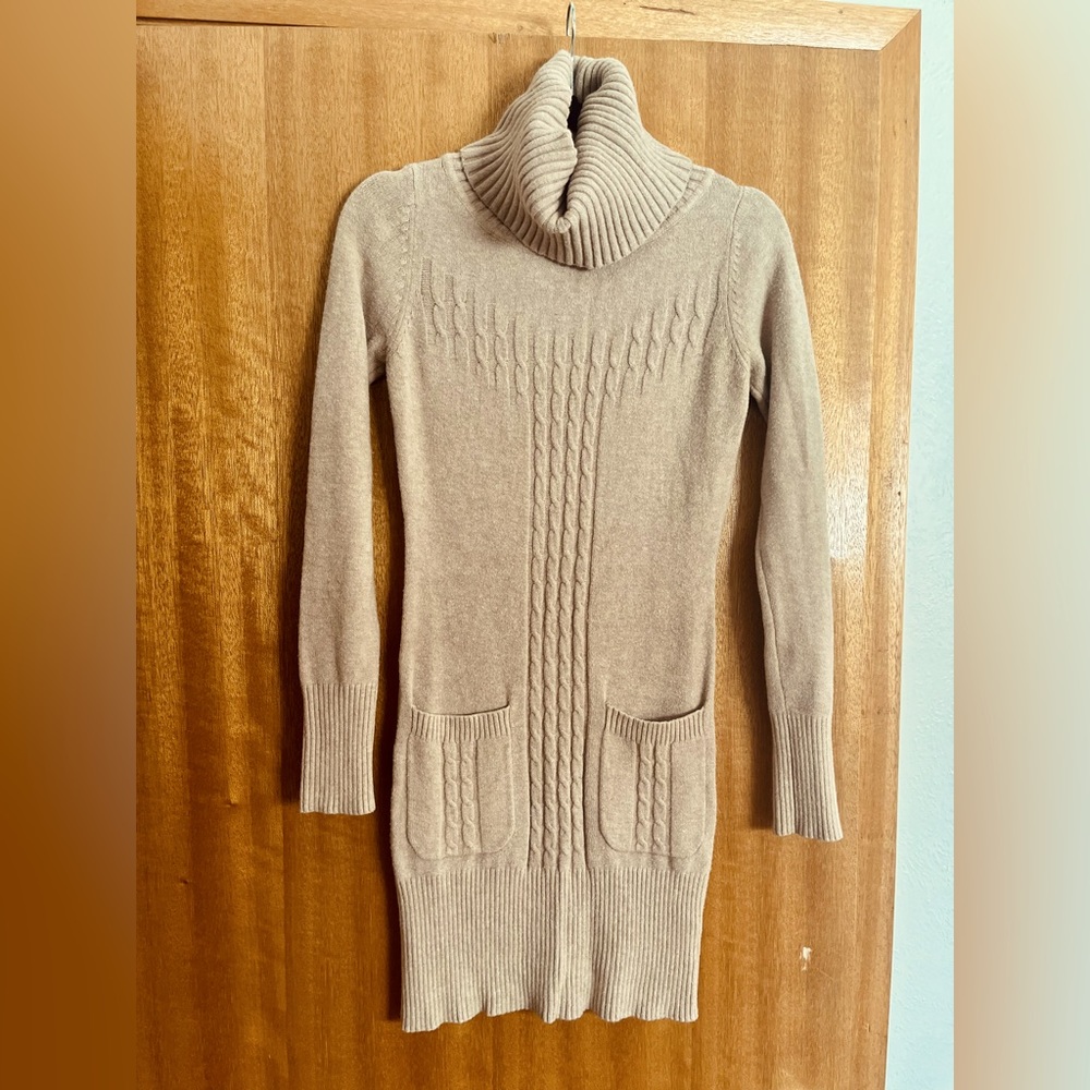Beige Sweater Dress with Turtleneck
